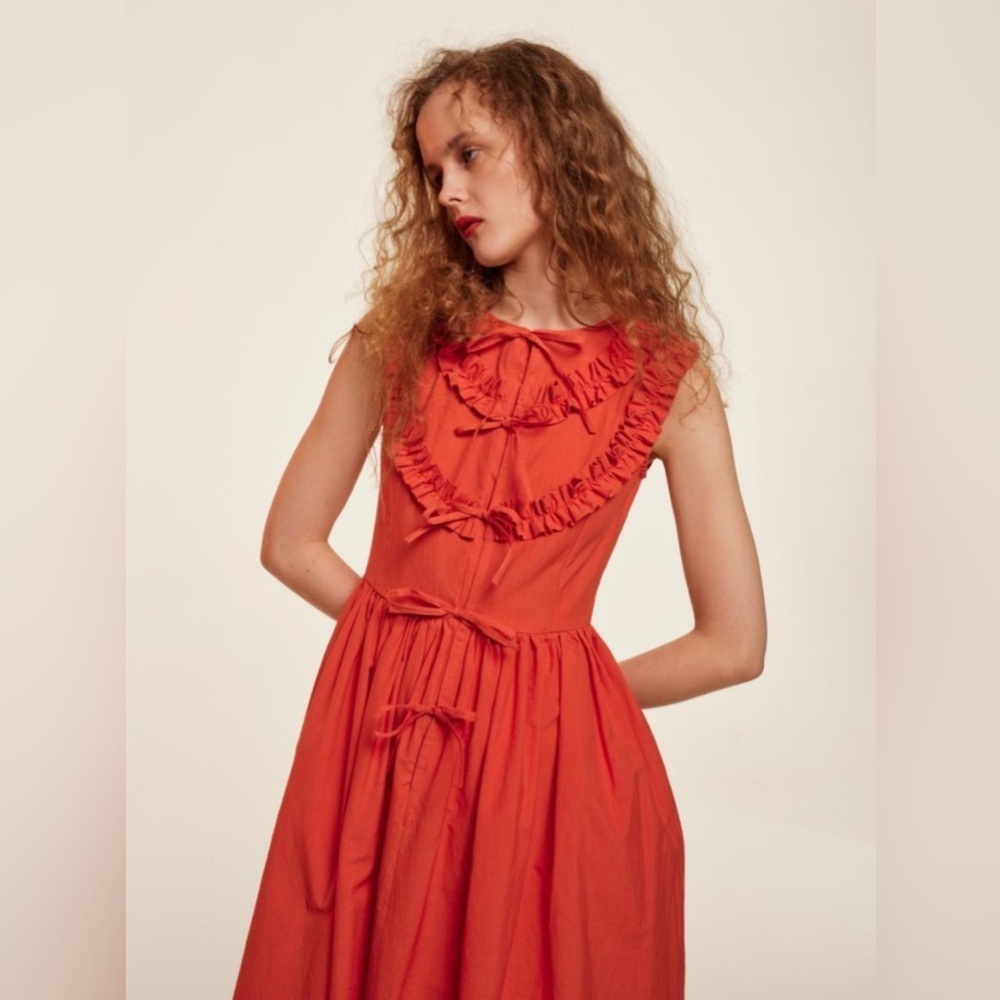 NAYA REA Anthropologie Via Midi Dress Red Bow Tie Cottagecore Size 2